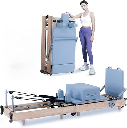 Foldable Wooden Pilates Reformer Machine with Ultra-Fiber Leather Seat, Oak Frame, Adjustable Resistance, Full-Size for Heights 4’ to 5’9”, Home and Studio Use, 480lbs Capacity