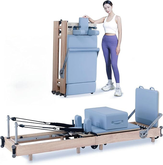 Foldable Wooden Pilates Reformer Machine with Ultra-Fiber Leather Seat, Oak Frame, Adjustable Resistance, Full-Size for Heights 4’ to 5’9”, Home and Studio Use, 480lbs Capacity