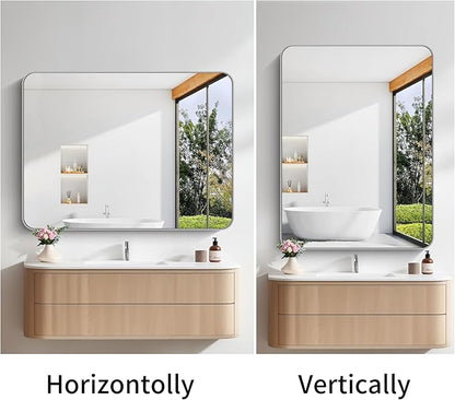 FORBATH 40x48 Inch Silver Bathroom Mirror for Over Sink, Large Rectangular Wall Mirror with Metal Frame, Rounded Corners for Bathroom, Bedroom, Entryway Decor (Horizontal or Vertical)