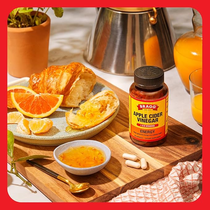 Bragg Energy Apple Cider Vinegar Capsules with B-12 Vitamins - 90 Capsules - Weight Management - Non-GMO, Vegan, Gluten Free, No Sugar - Helps Generate Energy at Cellular Level for Men and Women