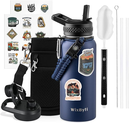 32 oz Insulated Water Bottle with Straw (Cold for 48 Hrs), Stainless Steel Triple Wall Vacuum Sports Water Jug, Leakproof Hydro Cup Flask with Paracord Handle & Straw Spout Lids & DIY Stickers