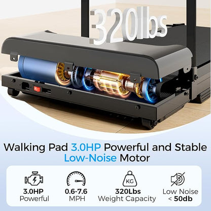 Treadmill with Handle, Treadmills for Home Samll Space, 3.0HP Portable Walking Pad with Handle, Walking Pad Treadmill with 320 LBS Capacity, Electric Compact Treadmills, Lightweight Walking Pad