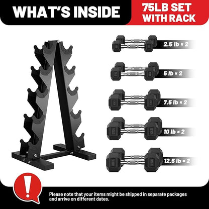 PAPABABE Hex Dumbbell Sets with Rack, 60-550lb Rubber Coated Dumbbell Weight Set and Storage Rack, Multiple Options Hand Weights for Strength Training