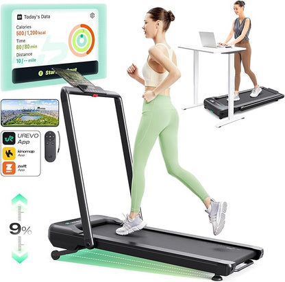 Smart Treadmill with 9% Auto Incline, Hiking and Running Walking Pad Treadmills for Home Office, Treadmill with UREVO APP, AI Powered Music Course, HIIT Programs Synced to Scenic Route, One-Click Mute