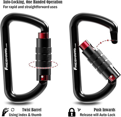 FresKaro 3inch 12kN-2698lbs Auto Locking Carabiner Clips, Solid D Shape, Heavy Duty 7075 Aluminum, Lightweight 1.09oz, Rust Proof, for Hammock, Hiking, Dog Leash, Keychain etc., Multi-Colors