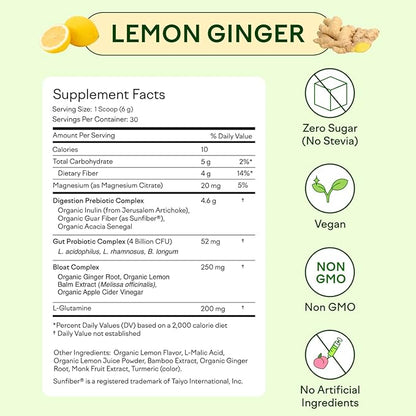 Feel Goods Gut Guardian, Organic Fiber, Probiotic & Prebiotic Powder, Sugar Free, Herbs for Bloat, Gut Health Support, Digestive Health for Men & Women, Non GMO, Vegan, Lemon Ginger, 30 Servings
