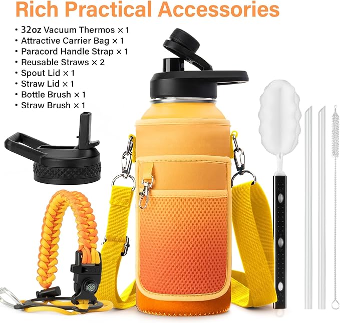 32 oz Insulated Water Bottle | Thickened Stainless Steel Vacuum Metal | Portable Sports Water Jug for Gym and Hiking with Straw, Carrier Bag, Handle Strap | BPA-Free 32 oz