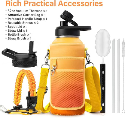 32 oz Insulated Water Bottle | Thickened Stainless Steel Vacuum Metal | Portable Sports Water Jug for Gym and Hiking with Straw, Carrier Bag, Handle Strap | BPA-Free 32 oz