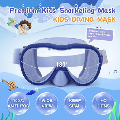 Kids Swim Goggles 180° Snorkel Diving Mask with Nose Cover, Anti-Fog Kids Swimming Goggles with Elastic Fabric Strap for Kids Boys Girls