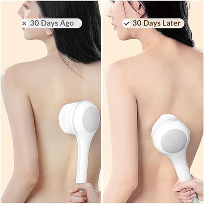 Electric Body Brush Back Scrubber for Shower, Waterproof Long Dual Handle Power Body Scrubber with 3 Heads, Rechargeable Bath Brush & 2 Speeds, for Cleansing, Exfoliating and Massaging Skin