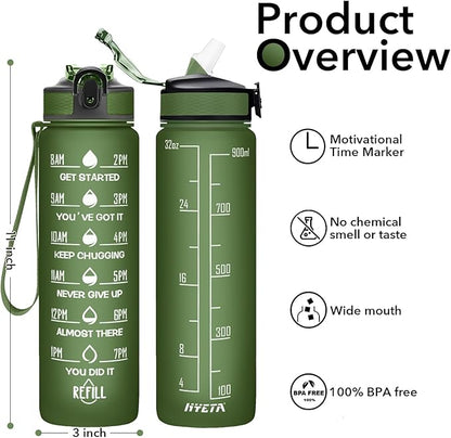 Hyeta 32 oz Water Bottles with Times to Drink and Straw, Motivational Water Bottle with Time Marker, Leakproof, Drinking Sports Water Bottle for Fitness, Gym and Outdoor