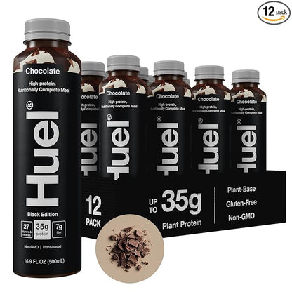 Huel Black Edition Ready-to-Drink, Chocolate Meal Replacement Drink, 35g High Protein, 27 Vitamins and Minerals, Vegan, Gluten Free, Plant Based, High Fiber, Low Sugar, 16.9 Fl Oz (12 Pack)