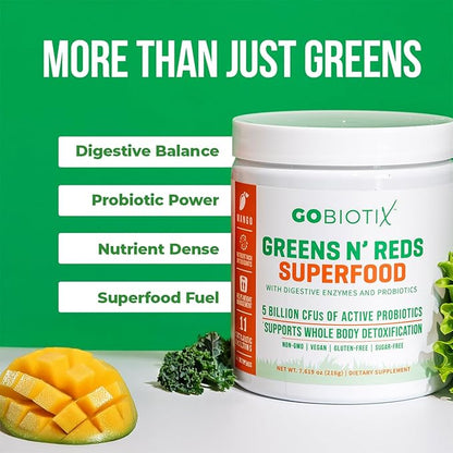 GOBIOTIX Super Greens and Reds Powder - Red and Green Superfood - Probiotic Supplement - Digestive Enzymes and Beet Root Powder - Organic Whole Foods Dietary Supplement (Mango, 2 Pack)