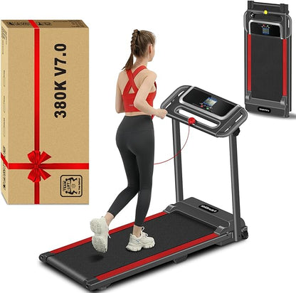 Portable Treadmill with Handle, 3.0HP Walking Pad Treadmill, Electric Compact Treadmills,Treadmills for Home Small Space with 12 Preset Programs, Walking Pad with Handle,300 LBS Capacity(Black Red)