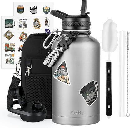 64 oz Insulated Water Bottle with Straw (Cold for 48 Hrs), Half Gallon Stainless Steel Triple Wall Vacuum Sports Water Jug, Leakproof Hydro Cup Flask with Straw Spout Lids & DIY Stickers