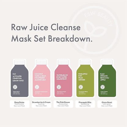 ESW Beauty Raw Juice Face Masks - 10-Pack Variety Set - Hydrating, Anti-Aging, Moisture Repair, Pore Control, Soothing & Revitalizing with Watermelon, Kale & Charcoal