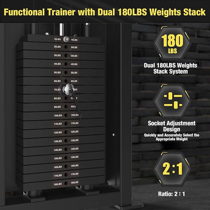 Functional Trainer Cable Machine, Cable Crossover Exercise Machine for Home & Commercial Gym, All in One Home Gym System Cable Machine and Dual Weights Stack for Cable Workout