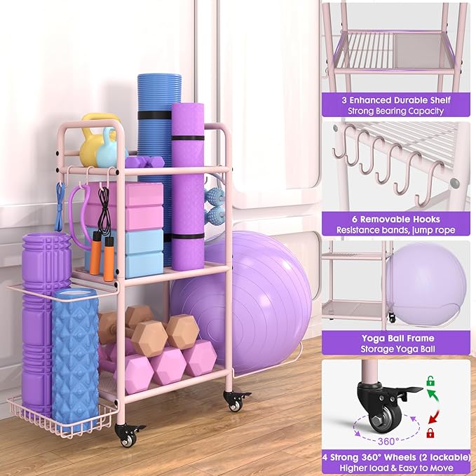 Home Gym Storage Rack Exercise Equipment Storage Organizer for Yoga Mat Dumbbells Kettlebells Foam Roller Yoga Strap & Resistance Bands, Ideal Yoga Mat Holder & Workout Equipment Organizer