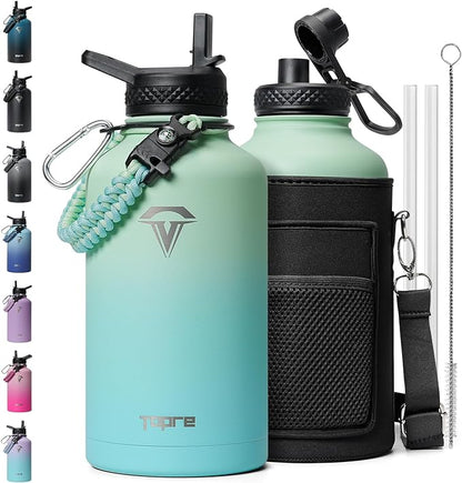 Insulated Water Bottle 64oz,Half Gallon Water Flask Stainless Steel Vacuum, Cold for 48 Hrs,BPA-Free & Leakproof -with Paracord Handle, Strap,Straw Spout Lids,Large Jug for Gym Sports,Green