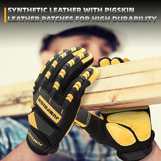 JUMPHIGH Safety Work Gloves, Synthetic Leather Impact-Resistant Heavy Duty Mechanic Gloves, Sensitive Touch Screen, Flexible Grip Gloves for Work (L)