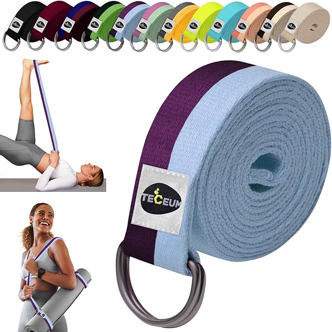 TECEUM Yoga Strap & Mat Strap – 2 IN 1 – Cotton – 6 ft 8 ft 10 ft (30+ colors) – Adjustable Non-Slip Belt for Yoga, Pilates, Stretching, Physical Therapy, Fitness & Home Workout – For Carrying Mats