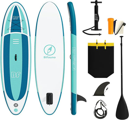 Inflatable Stand Up Paddle Board with SUP Accessories & Backpack. Paddle Boards for Adults. Non-Slip Deck, Wide Stance, Bottom Fin, Double Action Pump.