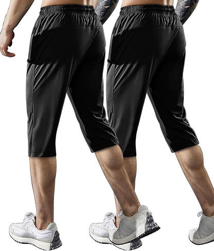 Men's Capri Pants 3/4 Joggers Gym/Workout/Hiking Below Knee Long Shorts Lightweight Quick Dry with Zipper Pockets