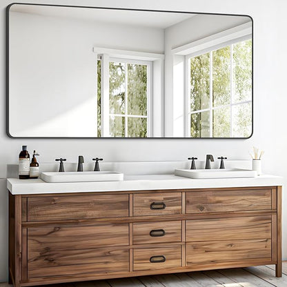 FORBATH Bathroom Mirror 30" X 60"，Large Rectangular Wall Mirror, Black Metal Framed Rounded Corner Wall Mounted Mirror for Bathroom Bedroom Entryway Decor(Horizontal/Vertical)