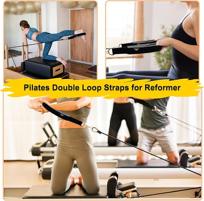 1 Pair Enhanced Pilates Double Loop Straps for Reformer, Thickened D-Ring Handle Straps, Yoga Exercise Accessories in 2 Lengths and Multicolor for Home Gym Workout
