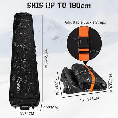 Goloni Ski Bag with Wheels,Padded Snowboard Bag for Air Travel,600D Waterproof Fabric,Foldable Snow Bag Fits 2 Pairs Skis