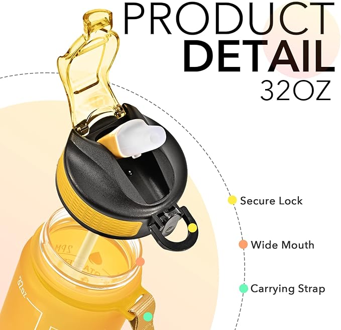 Hyeta 32 oz Water Bottles with Times to Drink and Straw, Motivational Water Bottle with Time Marker, Leakproof, Drinking Sports Water Bottle for Fitness, Gym and Outdoor