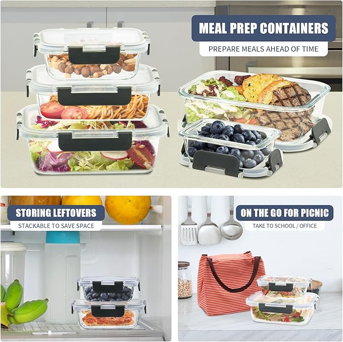 12 Pack Glass Food Storage Containers, Glass Storage Containers with Lids for Meal Prep, Lunch, Airtight, Freezer to Microwave Safe (12 Lids & 12 Containers)