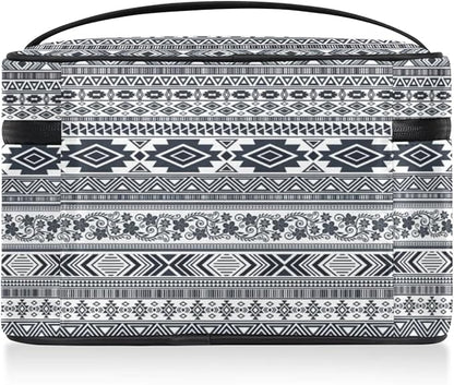 Large Makeup Bag Travel Cosmetic Bags for Women Grey Vintage Boho Geometric Chevron Aztec Makeup Organizer Case Toiletry Bag for Girls Traveling Wide Open Portable Pouch with Handle