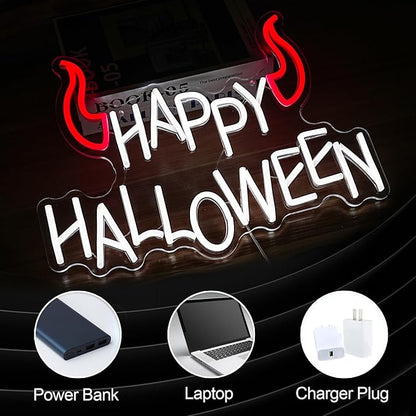 Happy Halloween Neon Sign - Dimmable LED Red Little Corner Light for Wall Decor - USB Powered for Halloween Decoration, Home Spooky Party, Bedroom Decor