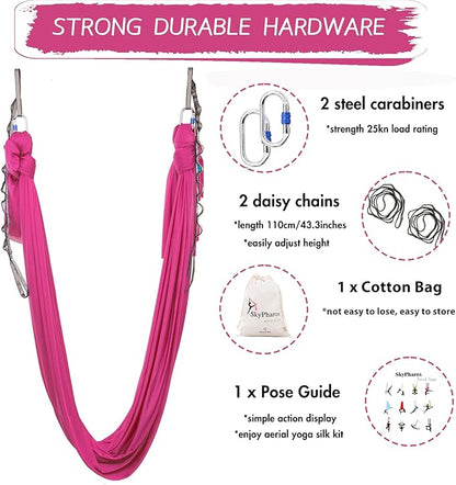 5.5 Yards Aerial Silks Yoga Swing Set - Aerial Yoga Hammock Kit Anti-Gravity Flying for Fitness, Low/Non Stretch Nylon Tricot Fabric Hardware Included for Dance