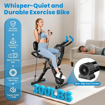 Foldable Exercise Bike, Multifunctional Indoor Stationary Bikes for Home with 8-Level Magnetic Resistance, Quiet Workout Bike with Arm Resistance Bands, LCD Monitor, 300LBS Capacity