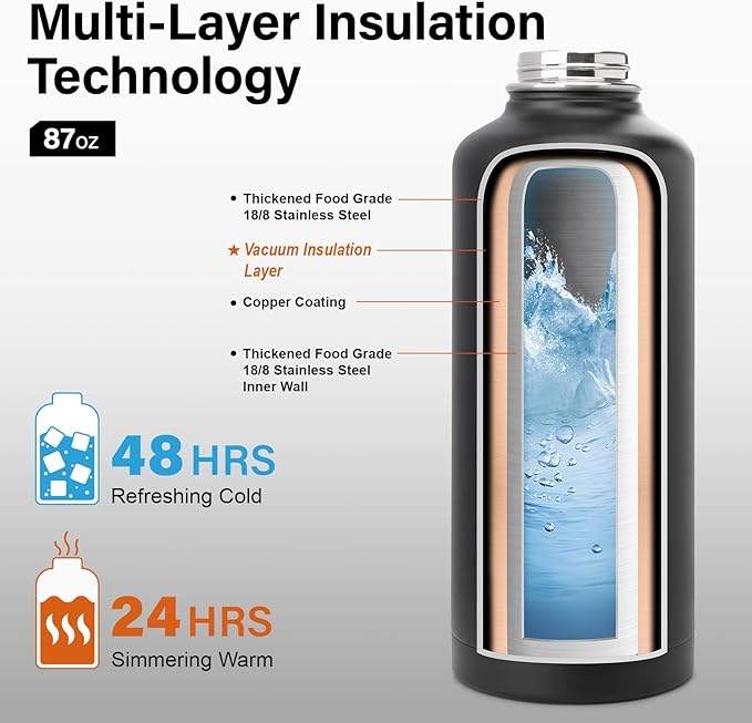 Insulated Water Bottle | Thickened Stainless Steel for Gym and Hiking with Straw, Carrier Bag, Handle Strap | BPA-Free 87 oz