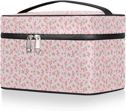 Large Makeup Bag Travel Cosmetic Bags for Women Pink Vintage Bohemian Spring Flower Floral Makeup Organizer Case Toiletry Bag for Girls Traveling Wide Open Portable Pouch with Handle