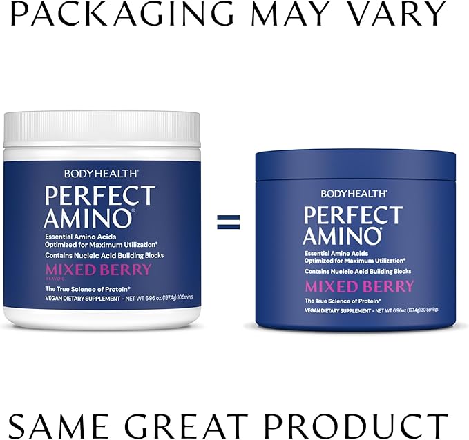 BodyHealth PerfectAmino Powder - BCAA and EAA Powder for Pre and Post Workout - Amino Acid Energy Drink for Men and Women to Support Lean Muscle and Recovery - Mixed Berry - 30 Servings