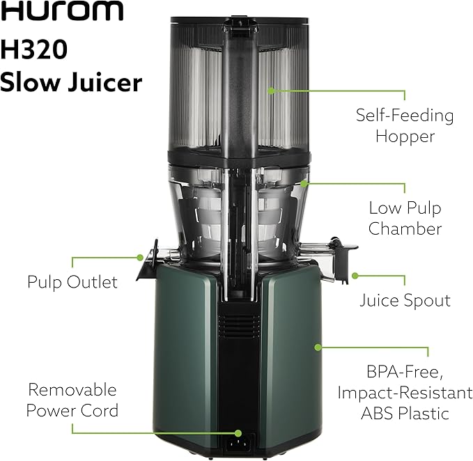 Hurom H320 Cold Press Juicer Machine, Easy to Clean Masticating Slow Juicer, Coarse Strainers, Self-Feeding, Hands Free, Family Size, Quiet Motor, Easy Assembly (Kale/Dark Green)