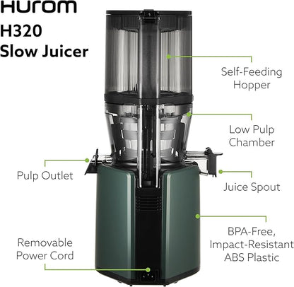 Hurom H320 Cold Press Juicer Machine, Easy to Clean Masticating Slow Juicer, Coarse Strainers, Self-Feeding, Hands Free, Family Size, Quiet Motor, Easy Assembly (Kale/Dark Green)