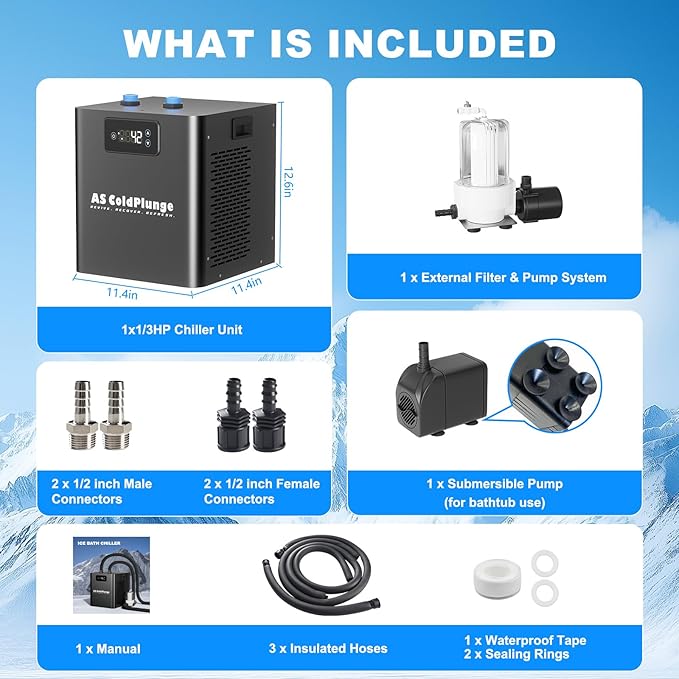 Ice Bath Chiller & Cold Plunge Tub Kit, 1/3HP Cold Plunge Chiller with External Pump & Filter, Upgraded XXL 148Gal Ice Pod, Cold Plunge Tub with Water Chiller for Cold Therapy Recovery