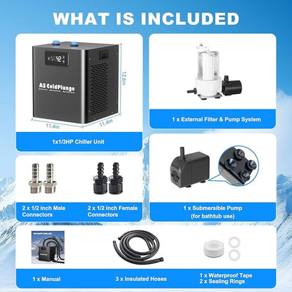 1/3HP Ice Bath Chiller & Cold Plunge Tub Kit – XL 100 Gal Insulated Ice Pod, External Pump & Filter, Cold Plunge Tub with Water Chille for Athletes, Recovery & Home Wellness