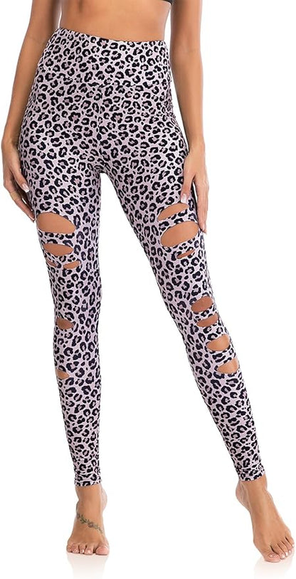 DIBAOLONG Womens High Waist Yoga Pants Cutout Ripped Tummy Control Workout Running Yoga Skinny Leggings