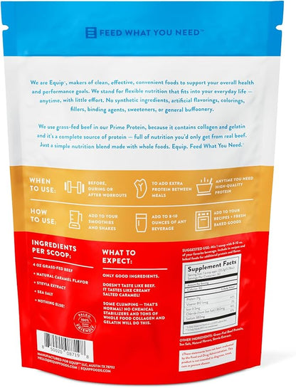 Equip Foods Prime Protein Powder | Clean, Grass Fed Beef Protein Isolate | Carnivore Protein Powder | Paleo, Keto Friendly | Gluten, Dairy Free | 30 Servings, Salted Caramel