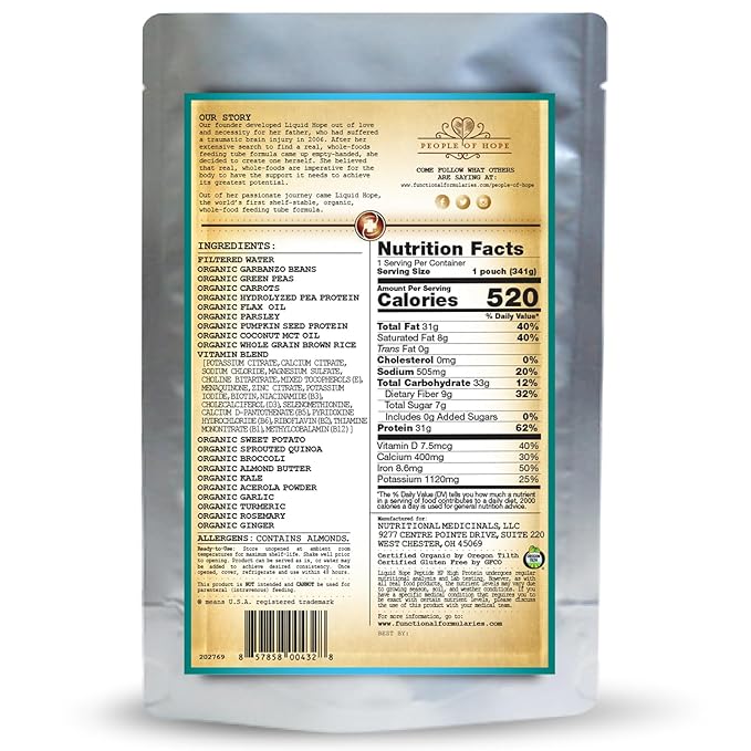Functional Formularies Liquid Hope Peptide High Protein Organic Tube Feeding Formula and Nutritional Meal Replacement Supplement, 12 Oz Pouch, Pack of 24