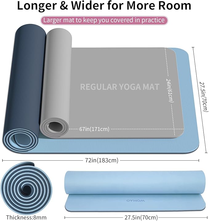 Extra Thick 8mm Yoga Mat, 72"x28" Non Slip Exercise Mat, Reversible 2-Sided Dual Color Premium POE Material, with Carrying Strap for Yoga, Pilates, Home Gym