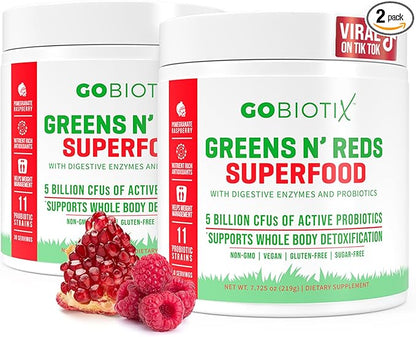 GOBIOTIX Super Greens and Reds Powder - Red and Green Superfood - Probiotic Supplement - Digestive Enzymes and Beet Root Powder - Organic Whole Foods Dietary Supplement (Pom Raspberry, 2 Pack)