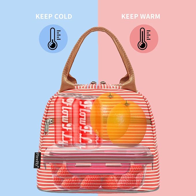 FlowFly Insulated Lunch Cooler Bag - Tote Bag Organizer for Women/Men, Red#Stripes