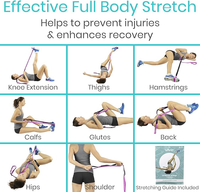 Vive Stretch Strap (75" - 10 Loops) - Leg Stretch Band to Improve Flexibility - Stretching Out Yoga Strap - Exercise and Physical Therapy Belt for Rehab, Pilates and Gymnastics with Guide Book